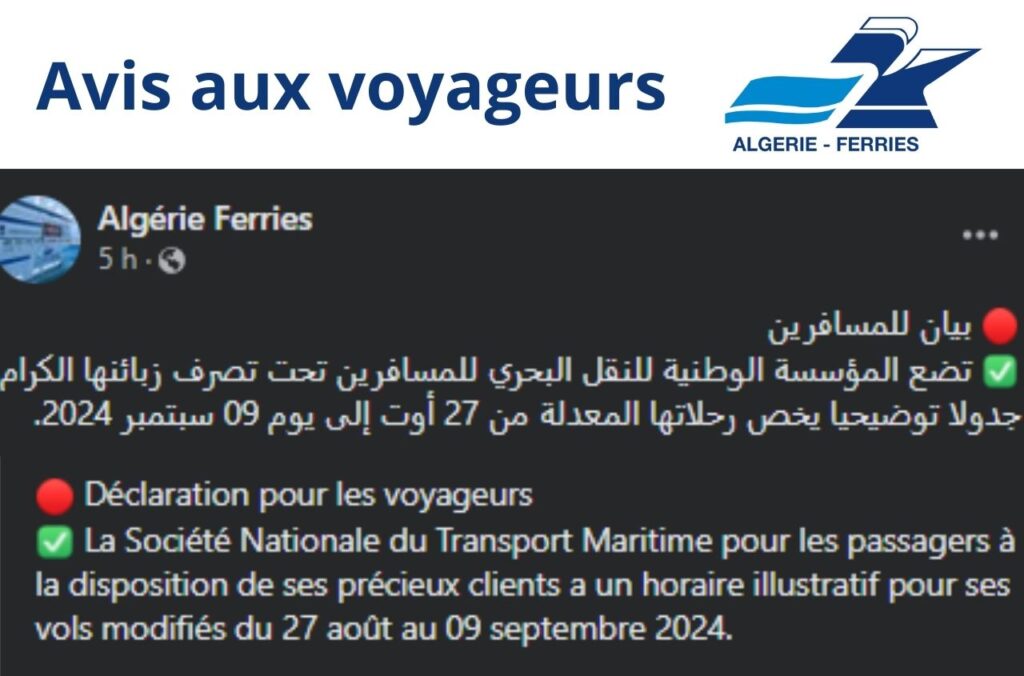 Le nouveau programme des traversées d'Algérie Ferries